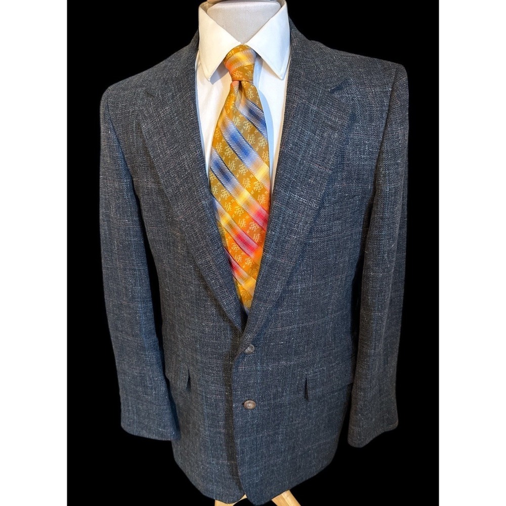 Bill Blass Vintage Sport Coat Blazer Blue‎ Plaid Silk Linen 42L USA Made Jacket